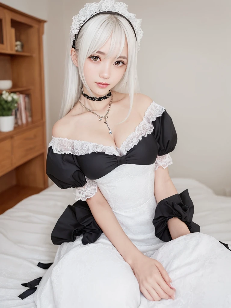 (Highest quality:1.9)、(High resolution)、Live-action image quality、((20-year-old woman、1 person))、Soft lighting by a professional photographer、Natural light、((Very spacious white luxurious room:1.6))、((Bright white room:1.6))、(Standing in front of a very luxurious white bed:1.2)、(White bookshelf background:1.1)、Natural soft light、((Black Hair Color:1.1))、Fair skin、Detailed Eyes、double eyelid、Slightly puffy cheeks、((Small Face:1.0))、(maid_cosplay, breasts, puffy short sleeves, puffy sleeves, short sleeves, maid headdress, chain, frills, white gloves, cowboy shot, large breasts, pointy hair, gloves,gothic, gothic maid)、(Cute Smile)、((Girly pose 1.8))、((Long curly hair:1.1))、((Full Body Shot:1.2))、((Height: 165cm))、Hands in front、Hold hands between legs、