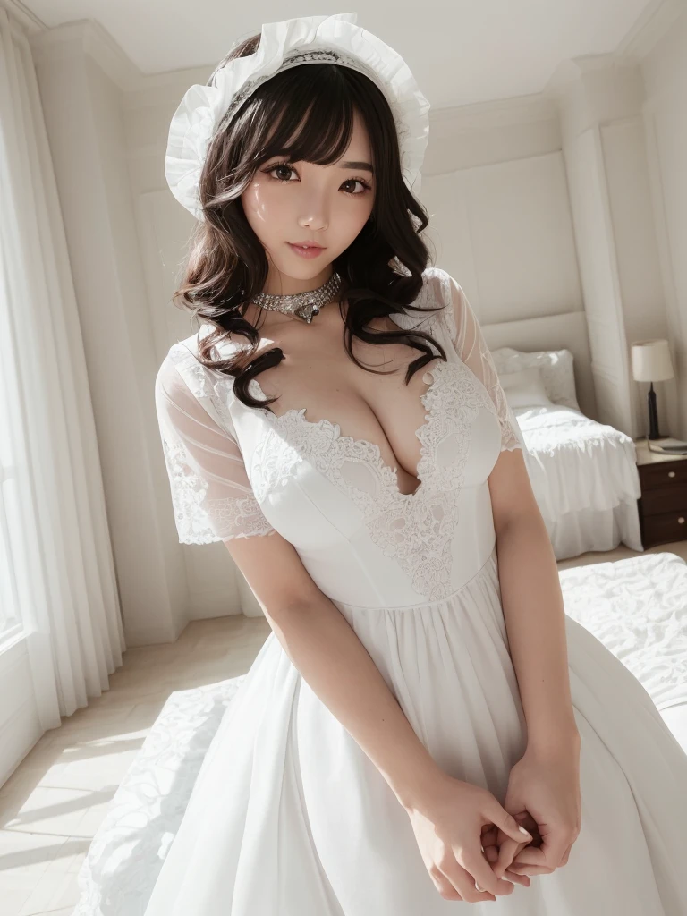 (Highest quality:1.9)、(High resolution)、Live-action image quality、((20-year-old woman、1 person))、Soft lighting by a professional photographer、Natural light、((Very spacious white luxurious room:1.6))、((Bright white room:1.6))、(Standing in front of a very luxurious white bed:1.2)、(White bookshelf background:1.1)、Natural soft light、((Black Hair Color:1.1))、Fair skin、Detailed Eyes、double eyelid、Slightly puffy cheeks、((Small Face:1.0))、(maid_cosplay, breasts, puffy short sleeves, puffy sleeves, short sleeves, maid headdress, chain, frills, white gloves, cowboy shot, large breasts, pointy hair, gloves,gothic, gothic maid)、(Cute Smile)、((Girly pose 1.8))、((Long curly hair:1.1))、((Full Body Shot:1.2))、((Height: 165cm))、Hands in front、Hold hands between legs、