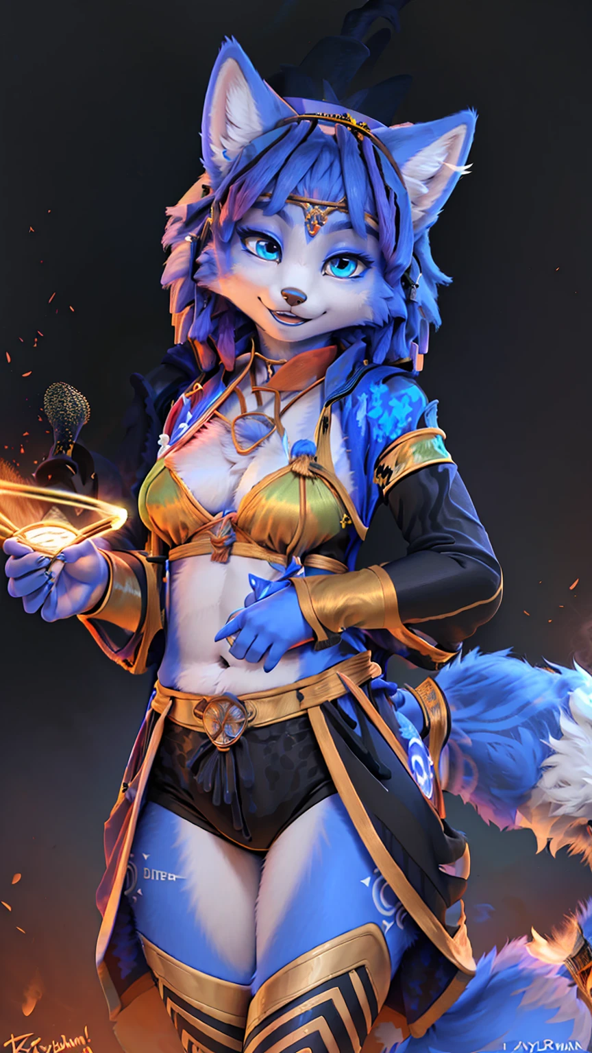 A beautiful and detailed (sweet picture) of ((Krystal)), Star Fox Krystal,  green eyes, medium breasts, (((Long blue hair 1.3))),  anthro, furry, (of Fluff-Kevlar, Bayard Wu, Personalami, Pino Daeni),  detailed fluffy fur, detailed face, (fluffy), 1 girl, alone, hair cover one eye:1.4, big happy smile, giving you a thumbs hoch,  ((((wears a magician&#39;s robe:1.5)))),sfw in a castle