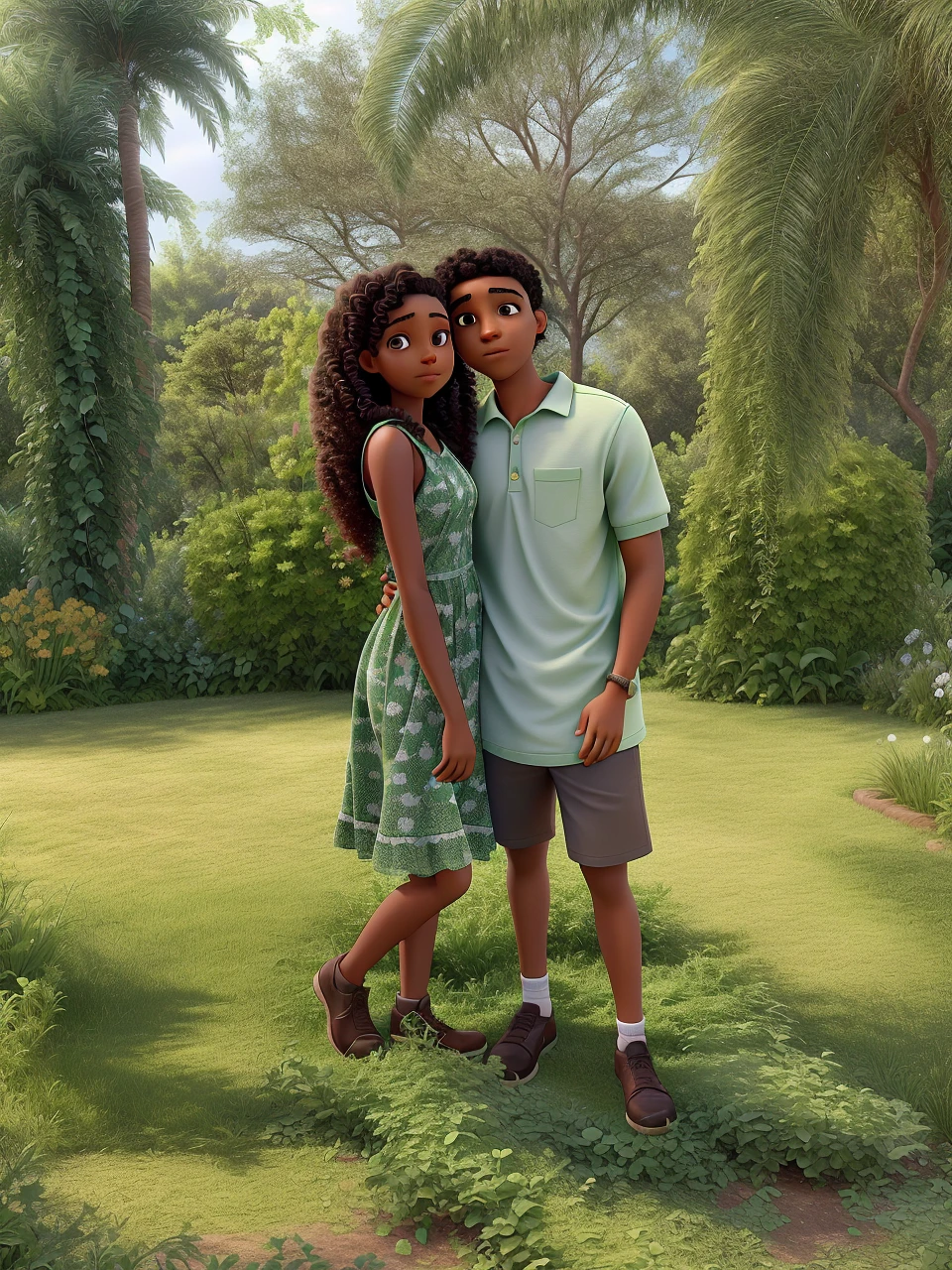 young woman with curly hair and slightly dark skin in a green dress and young man with short straight hair both hugging each other looking at the photo, in a garden
