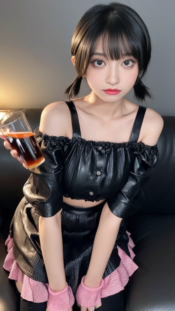 (8K、Best image quality、Highest quality、Accurate human body、Someone knowledgeable、Correct five-finger、4K - ultra-vivid、Highest quality, masterpiece, Ultra-high resolution, Detailed Background、The perfect background、
Oily skin, Glowing Skin、Realistic skin texture、Beautiful skin in every detail、Shiny skin、Glowing Skin,
masterpiece)、
One Girl、Black hair twin tails、short hair、Wavy Hair、Blunt bangs、Purple eyes、Expressionless、Piercing modest chest、Pink frilly outfit、Off-the-shoulder strapless、Black mini skirt、((Fishnet tights))、Platform leather shoes、squat、
(((Dim lighting、Neon Light))),(Sit on a big black sofa、She looked up as if to snuggle up to me..、Night Patrol:1.2, Lounge Girl:1.3, sit right next to me:1.3, throw:1.2, drink alcohol)、(Drunk and bright red in the face、Drunk:1.3、mesugaki:1.3, Ahegao:1.3)