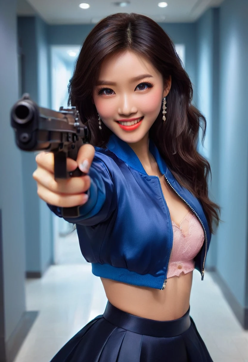 Half body photo, 1 beautiful Asian girl; coy smile, royal blue satin bomber jacket; (holding a m16 rifle in in her hands:1.4), m16 rifle black satin skirt,, long hair,wearing jewelry, natural makeup, extremely detailed eyes and face, lovely smile, delicate blush, sensuous lips, intricate facial details, perfect skin, flawless skin texture perfect, ; standing in a long hallway with many doors, evening lighting, vivid colors, , subtle , dreamy, luxurious atmosphere, low lighting; Super high quality, surreal, 8K, high resolution, masterpiece, detailed, extremely magical, professional cinematic lighting, , vibrant colors; Fine brushstrokes,ethereal vibe,mesmerizing gaze,dreamy atmosphere,blending elegance,subtle color gradients,,understated beauty. In the background several men lay unconscious on the hallway floor