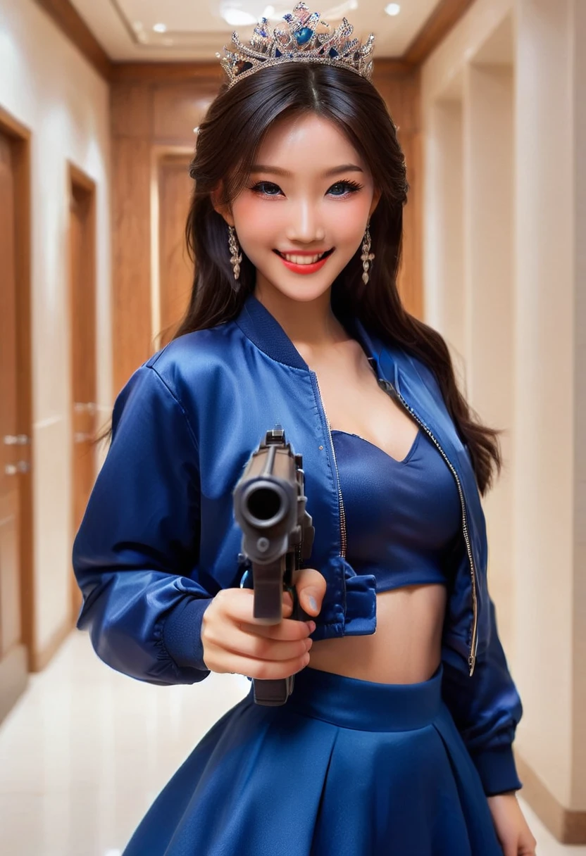 Half body photo, 1 beautiful Asian girl; coy smile, royal blue satin bomber jacket; (holding a m16 rifle in in her hands:1.4), m16 rifle black satin skirt,, long hair,wearing jewelry, natural makeup, extremely detailed eyes and face, lovely smile, delicate blush, sensuous lips, intricate facial details, perfect skin, flawless skin texture perfect, ; standing in a long hallway with many doors, evening lighting, vivid colors, , subtle , dreamy, luxurious atmosphere, low lighting; Super high quality, surreal, 8K, high resolution, masterpiece, detailed, extremely magical, professional cinematic lighting, , vibrant colors; Fine brushstrokes,ethereal vibe,mesmerizing gaze,dreamy atmosphere,blending elegance,subtle color gradients,,understated beauty. In the background several men lay unconscious on the hallway floor