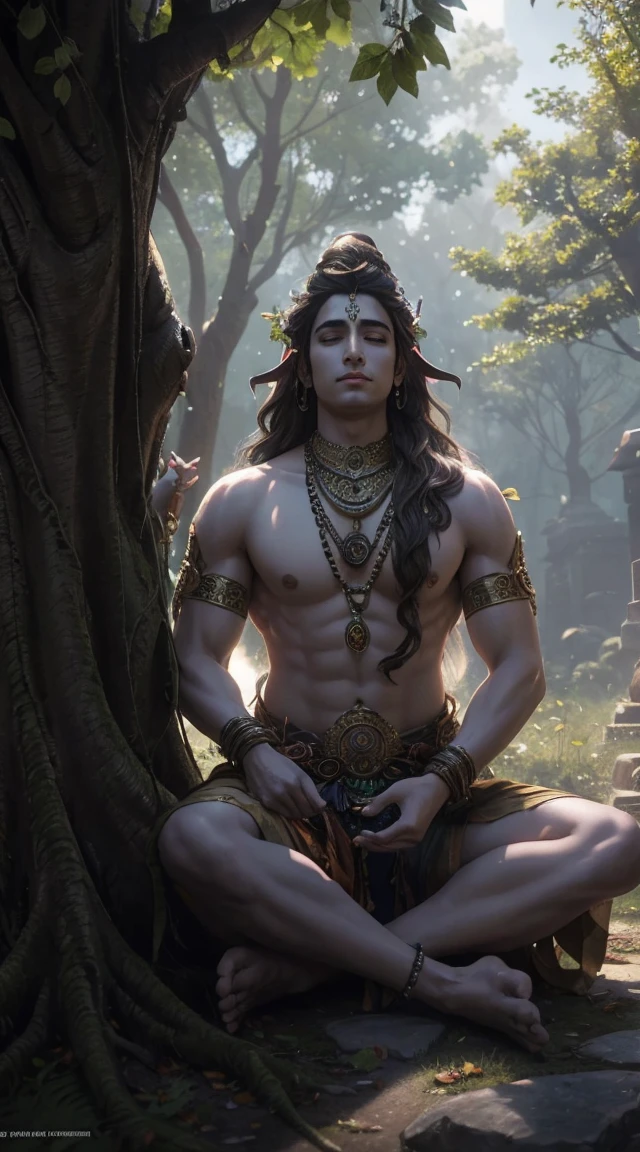 Lord Shiva, meditating under divine tree, wind blowing, sunlight from top angle, little leaf falling from tree, masterpiece, 8k resolution, dynamic lighting, hyper detailed, intricately detailed, trending on Artstation, deep color, Unreal Engine,volumetric lighting, Alphonse Mucha, Jordan Grimmer.