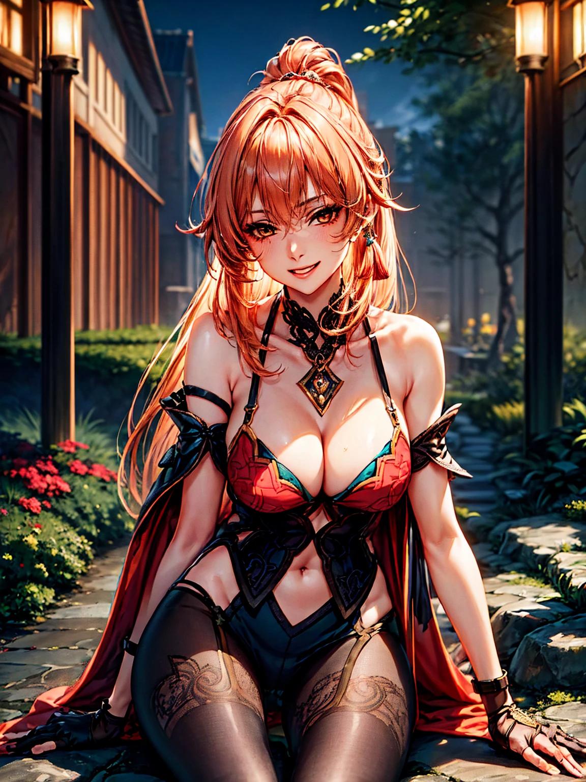 top-quality、tmasterpiece、Very high resolution、super high image quality、High-quality pixels)、perfect eyes, perfect face, perfect body figure,solo,8K, sizable breast,(Detailed description of hair), (Detailed description of face),(Detailed description of body), fair and clear skin, matchless beauty, long legged, orange hair details expressed, The details have been upgraded, light yellow eyes, official costume, girlfriend ssmile, Guinaifen (Honkai Star Rail), black gloves, bare shoulder, black pantyhose, symmetric clothes, evening garden