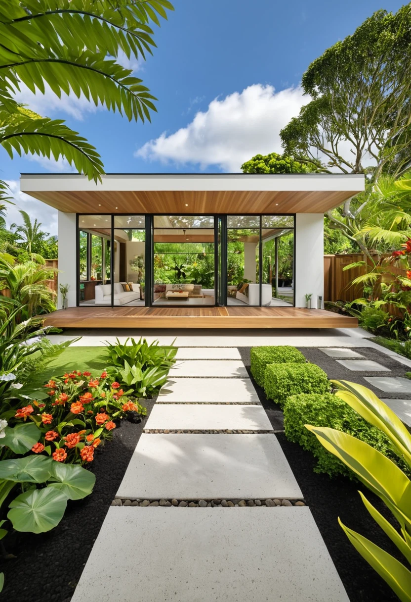 A hyper-realistic image of a single-story garden house with a minimalist design, featuring a combination of white and wood materials. The house has a flat roof, large glass windows, and a spacious front porch. The entrance is flanked by lush greenery and well-maintained garden paths. The garden includes various tropical plants, flowers, and trees. The overall ambiance is serene and contemporary, with detailed textures and realistic lighting, shadows, and reflections. The colors are bright and natural, showcasing the beauty of the materials and the surrounding garden environment. The sky is clear with scattered clouds, and the lighting gives a vibrant midday feel.