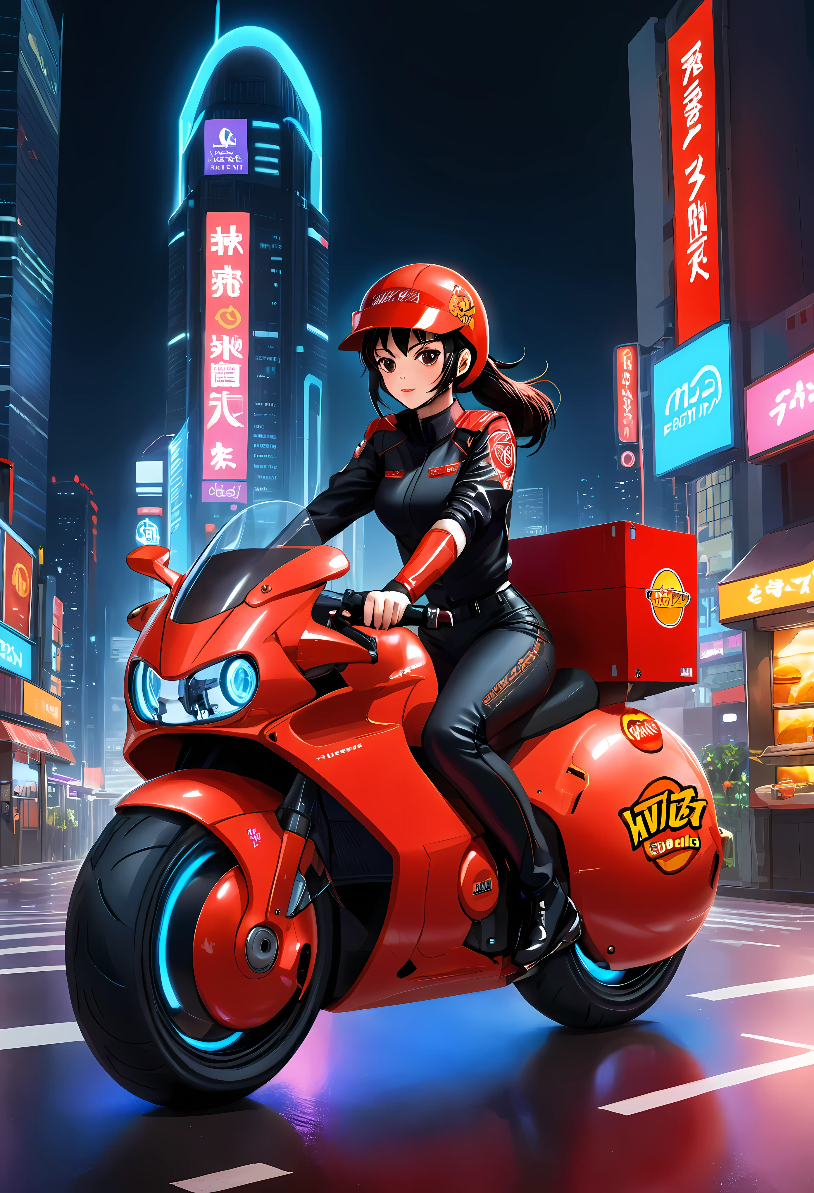 Create a detailed image of a futuristic motorcycle inspired by the iconic bike from the classic Akira manga/anime that turned into fast food delivery bike. The motorcycle should have a sleek, aerodynamic design with a low-slung, elongated body. It should feature a vibrant red color with a glossy finish. The front should have a curved, bubble-shaped windshield, integrated into the bike’s streamlined form. The wheels should be large and chunky, with a futuristic, almost hover-like quality. The front wheel is partially covered by an angular fender, while the rear wheel is exposed, showcasing intricate suspension and mechanical details. The bike should have detailed decals, including logos and futuristic text. The seat should be contoured for a single rider, blending seamlessly into the bike's body. The handlebars should be minimalistic, with advanced digital controls and displays integrated into the design. The background should be a neon-lit cityscape at night, with tall skyscrapers and futuristic elements, evoking a cyberpunk atmosphere. ((Pretty Female waiter riding the bike with fast food box):1.2), ((fast food restaurant hat):1.1), ((insulated food delivery bag):1.1) | ((perfect_composition, perfect_design, perfect_layout, perfect_detail, ultra_detailed)), ((enhance_all, fix_everything)), More Detail, Enhance.
