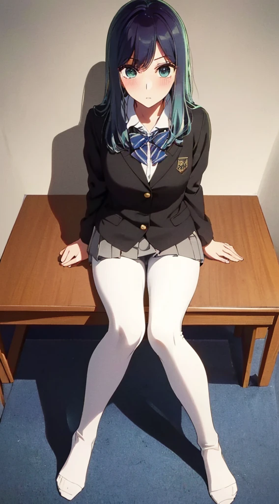 Top quality, masterpiece, High resolution, (Head to toe full body), front, frontやや下からの構図, Symmetric, Tall 18 year old girl, alone, (Head to toe), (Small breasts), bangs, (black tights), (Black Pantyhose), (Sit with your legs apart), (Crouching pose), (A composition showing white panties), (Her legs were spread、I see your white pants.), (I was made to sit on the floor with my legs spread..), (M-shaped legs), Thin legs, A very beautiful and tall 18 year old girl, (No shoes), blush, Shy big eyes, looking at the camera, Blazer Uniform, Checkered Pleated Skirt