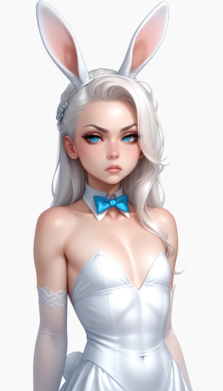 score_9, score_8_up, score_7_up, 1girl, solo, 
flowing white hair, glowing blue eyes, ((tiny, _young, small , flat chest:1.25)), ((sad face, angry face, offended face expression:1.258)), bunny ears, bunny tail, pale skin, demoness, (Bunny:1.2),
monochromatic, eerie atmosphere, 
(wedding dress), seductive, stark white background