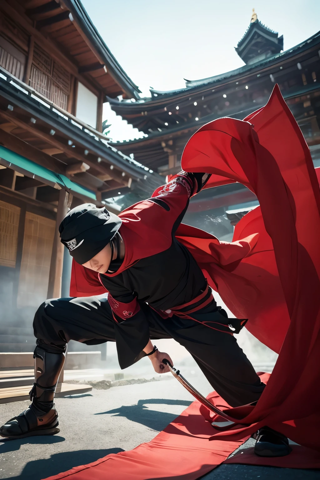 Create a highly detailed illustration of a Sarutobi-ryu ninja, focusing on the unique aspects and historical background of this school. The ninja should be depicted wearing traditional black attire, including a hood and mask, emphasizing stealth and agility. Equip the ninja with traditional weapons such as a katana (sword), shuriken (throwing stars), and a kusarigama (chain and sickle), reflecting their versatility in combat.
The scene should capture the ninja in a dynamic action pose, perhaps performing acrobatic movements like mid-air flips or scaling a wall, showcasing the agility and acrobatic skills that Sarutobi Sasuke was famous for. The background should include elements that evoke the historical setting of the Sarutobi-ryu, such as the dense forests and mountainous terrain of the Iga or Koga regions.
Incorporate subtle details that highlight the strategic and stealthy nature of Sarutobi-ryu, such as hidden traps, shadows, and traditional Japanese architecture like castles or temples in the background. To emphasize the connection to Sarutobi Sasuke, include references to legendary feats or symbols associated with him, like a banner with his name or emblem.
The overall atmosphere should convey a sense of mystery, danger, and the skilled martial arts tradition of the Sarutobi-ryu. The illustration should reflect the historical and cultural richness of the ninja legacy.