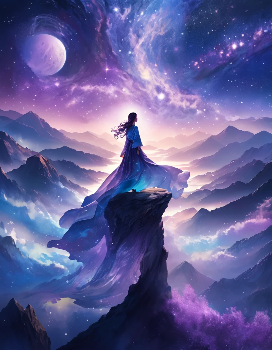 Person standing on a cliff, Enveloped in the swirling flow of cosmic energy, dream-like, Vague landscape. The silhouette of the person is flowing, An ethereal gown that blends with the flow of the sky.. The sky is a tapestry of deep purples and blues, Star-studded, and、The scenery below is soft, Rolling Mountains々. This scene is a symbol of serenity and grandeur., Capturing the majestic essence of the universe in a single photograph, A contemplative figure standing in awe.