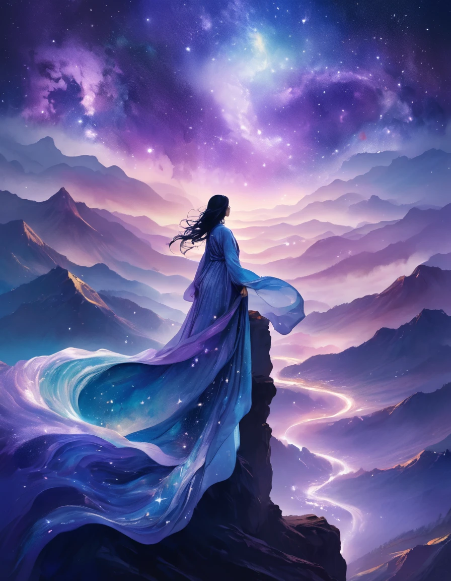 Person standing on a cliff, Enveloped in the swirling flow of cosmic energy, dream-like, Vague landscape. The silhouette of the person is flowing, An ethereal gown that blends with the flow of the sky.. The sky is a tapestry of deep purples and blues, Star-studded, and、The scenery below is soft, Rolling Mountains々. This scene is a symbol of serenity and grandeur., Capturing the majestic essence of the universe in a single photograph, A contemplative figure standing in awe.
