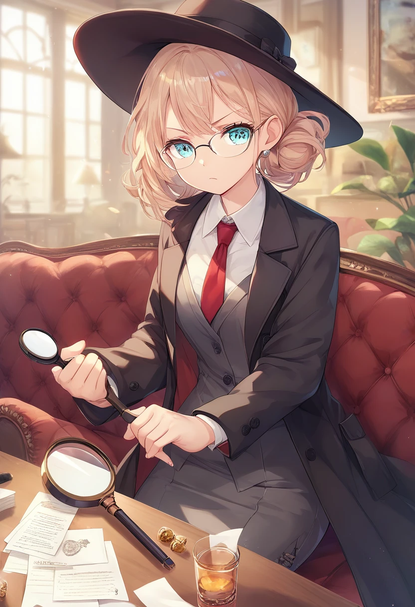 Detective girl, anime, masterpiece, best quality, 1 girl ( black trench coat, suit, skirt, fedora, glasses, cross-legged, sitting on sofa, necktie, right hand hold magnifier:1.2, left hand on sofa), ( table, papers on table ), window, ofice background, bokeh:1.1, serious