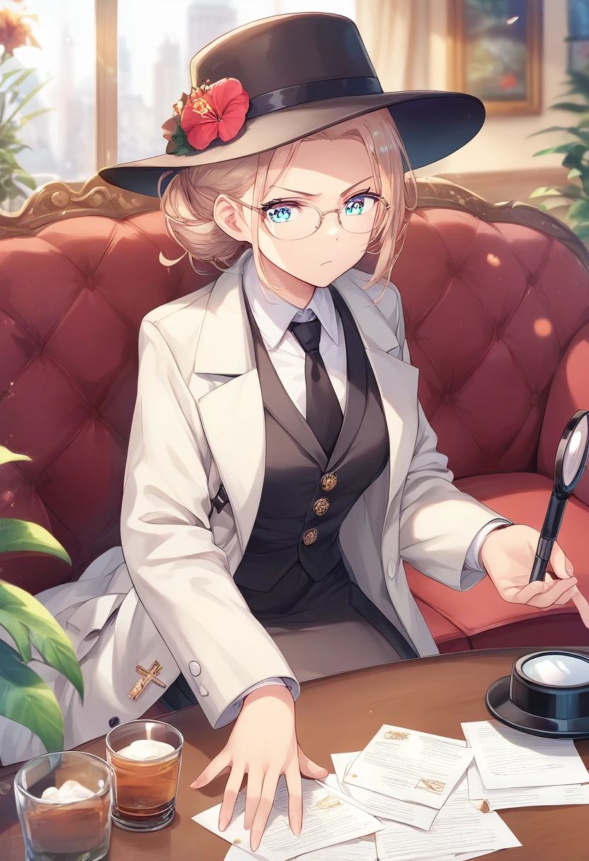 Detective girl, anime, masterpiece, best quality, 1 girl ( black trench coat, suit, skirt, fedora, glasses, cross-legged, sitting on sofa, necktie, right hand hold magnifier:1.2, left hand on sofa), ( table, papers on table ), window, ofice background, bokeh:1.1, serious