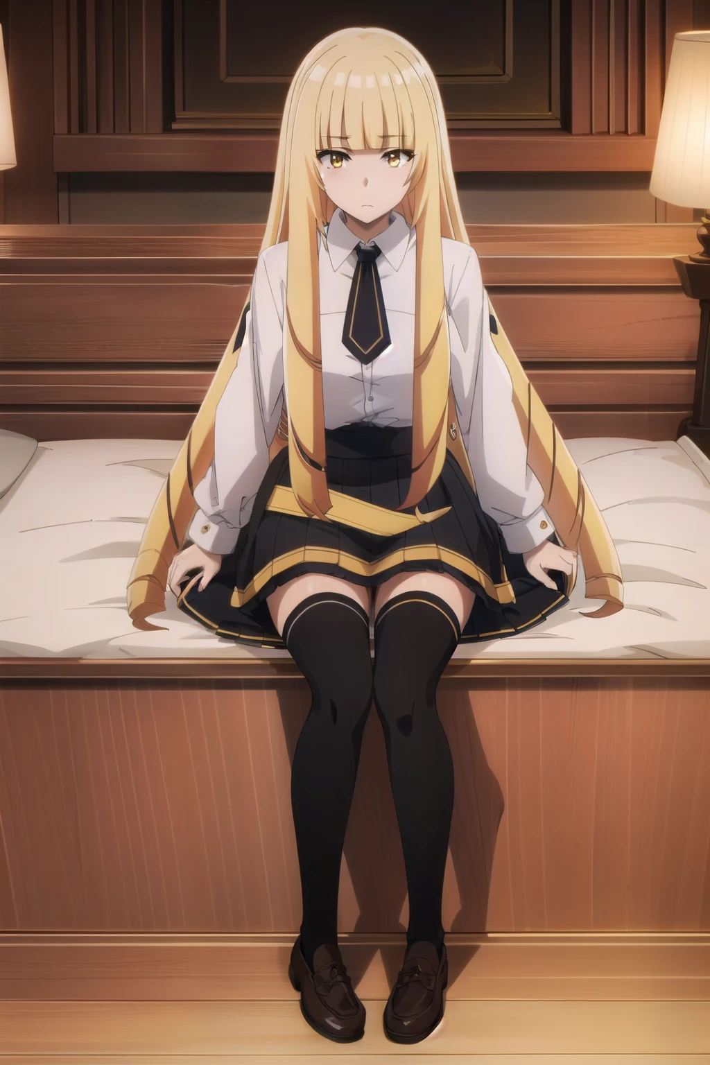 (high quality), (high resolution), (masterpiece), (detailed), (best quality), (expensive body, expensive, Long legs, mature female, mature, Adult, Simple Background EFT_Excellence_Princess, One girl, alone, Blonde, Long Hair, View your viewers, Yellow Eyes, tie, bangs, blunt bangs, full body, Mouth closed, uniform, dress, shirt, Jacket, Anime Coloring, white shirt, skirt, Black knee socks,  loafers, full body, sitting on floor, nsfw