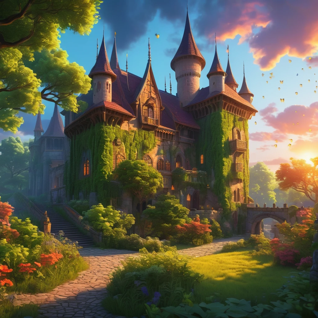 a fantasy digital illustration,RPG maker MV thumbnail,fantasy landscape,magical forest,mystical forest,beautiful detailed trees,lush green foliage,glowing fireflies,warm lighting,fantasy castle,medieval architecture,dramatic sky,colorful sunset,cinematic lighting,vibrant colors,fantasy art,digital painting,highly detailed,8k,photorealistic