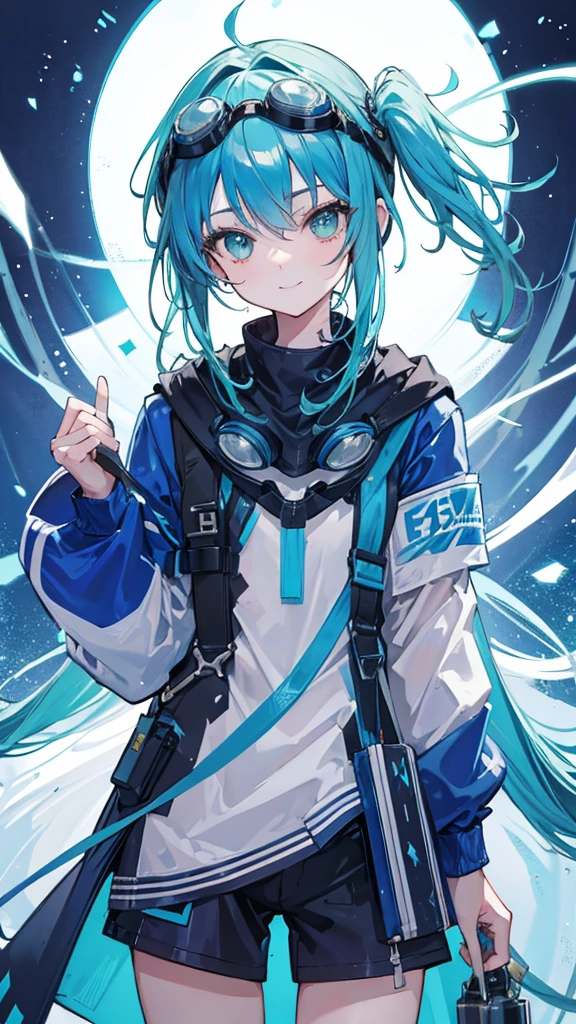 Cowboy Shot, Twin tails, Revealing clothing, (Put goggles on your head:1.3), Blue Theme, otoko no ko,, ultra detailed, masterpiece, Highest quality, beautiful, detailed,, ultra detailed, masterpiece, Highest quality, alone, smile, One girl, Green Eyes, short hair, Blue Hair, bangs, Hair between the eyes, Messy Hair, (Put goggles on your head:1.2),
information