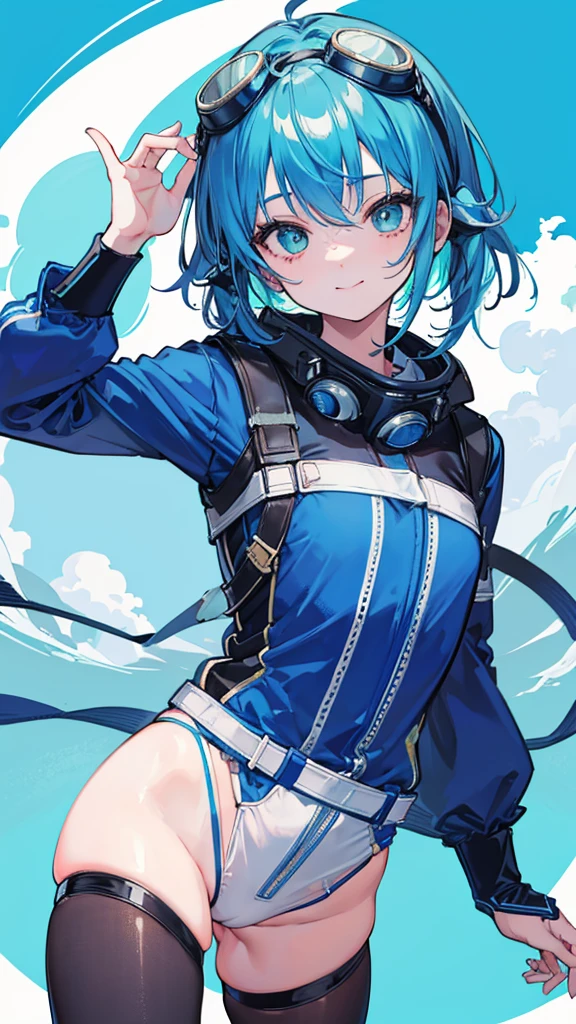 Cowboy Shot, Twin tails, Revealing clothing, (Put goggles on your head:1.3), Blue Theme, otoko no ko,, ultra detailed, masterpiece, Highest quality, beautiful, detailed,, ultra detailed, masterpiece, Highest quality, alone, smile, One girl, Green Eyes, short hair, Blue Hair, bangs, Hair between the eyes, Messy Hair, (Put goggles on your head:1.2),
information