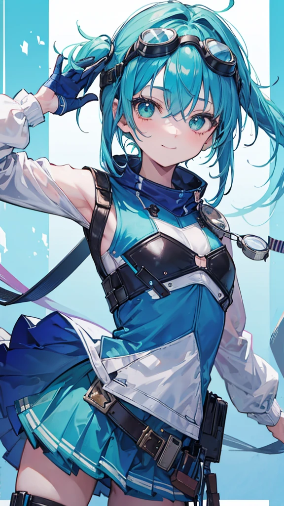 Cowboy Shot, Twin tails, Revealing clothing, (Put goggles on your head:1.3), Blue Theme, otoko no ko,, ultra detailed, masterpiece, Highest quality, beautiful, detailed,, ultra detailed, masterpiece, Highest quality, alone, smile, One girl, Green Eyes, short hair, Blue Hair, bangs, Hair between the eyes, Messy Hair, (Put goggles on your head:1.2),
information