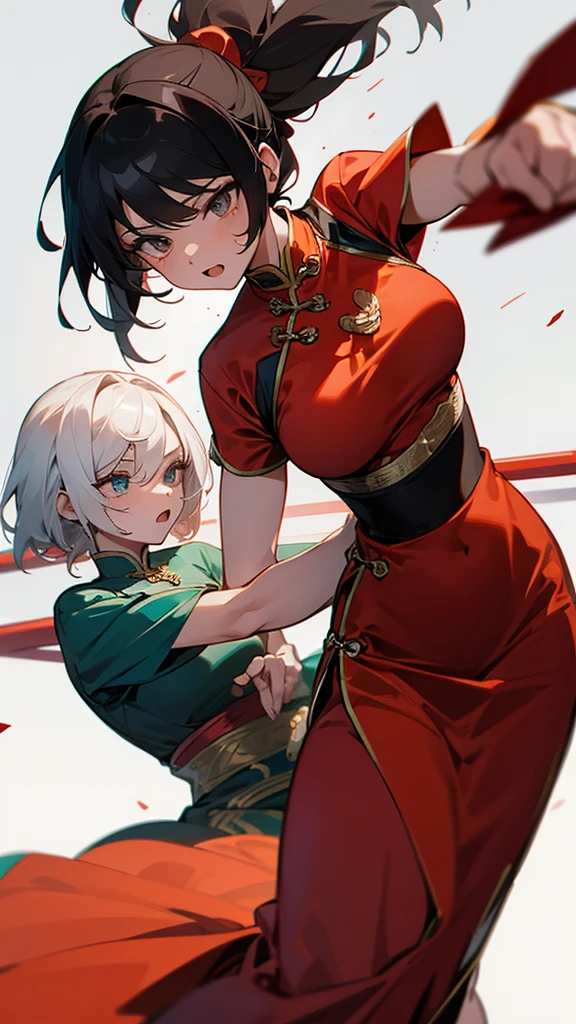 Boxing action A woman wearing a Chinese dress is boxing in the ring. The woman on the right hits the woman on the left in the cheek... The woman on the left is Akane Kurokawa〔My Favorite Child〕has his right eye closed, opening her mouth, and sweat.