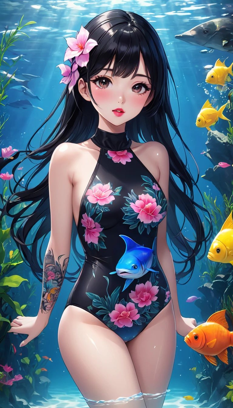 {{{{{16k}}}}}, {{{{{Unique atmosphere in the middle of the transition from girl to sexy woman, transforming a Japanese girl with a cutely pussy into her facial rank to the SSS rank of top-notch pretty actresses, She's in a cylindrical aquarium filled with female hormone fluid with a control panel that allows her to change the shape and appearance and personality of the girl inside at will, she is ambushed every night and has sex with her on all fours throughout the night, She is being pistoned hard from behind in a sexy pose with her hands in front of her, When the control slider under the aquarium was adjusted to purity, her appearance changed to cute and innocent, She was a 12-year-old girl but after four years of being raped while being injected with beauty-enhancing hormones every day she grew into a 16-year-old that she had an erotic fetish for lips and necks and waistlines, she was being raped and clearer the nip line from underbust to hips, She had a pretty face like an idol but as she grew up she became beautiful like an actress, Her too-beautiful rounded tits wrapped in her separates flower pattern swimsuit, Her hair is replaced by a bang long glossy very Straight black hair, The growing body is reproduced with sex-loving, thick vivid lips, Her gasps echoing through the water, She transforms her into a cute once-in-a-millennium}}}}},{{Extremely detailed}},{{{{{integrated her head pure small, Enchanting Too thick and erotic deep pink lips, Her thickened lips shimmer with luster}}}}},{{{{{Her tattoos spread all over her body, She is tattooed with lewd flowers on her neck, arms, lower abdomen, thighs}}}}}