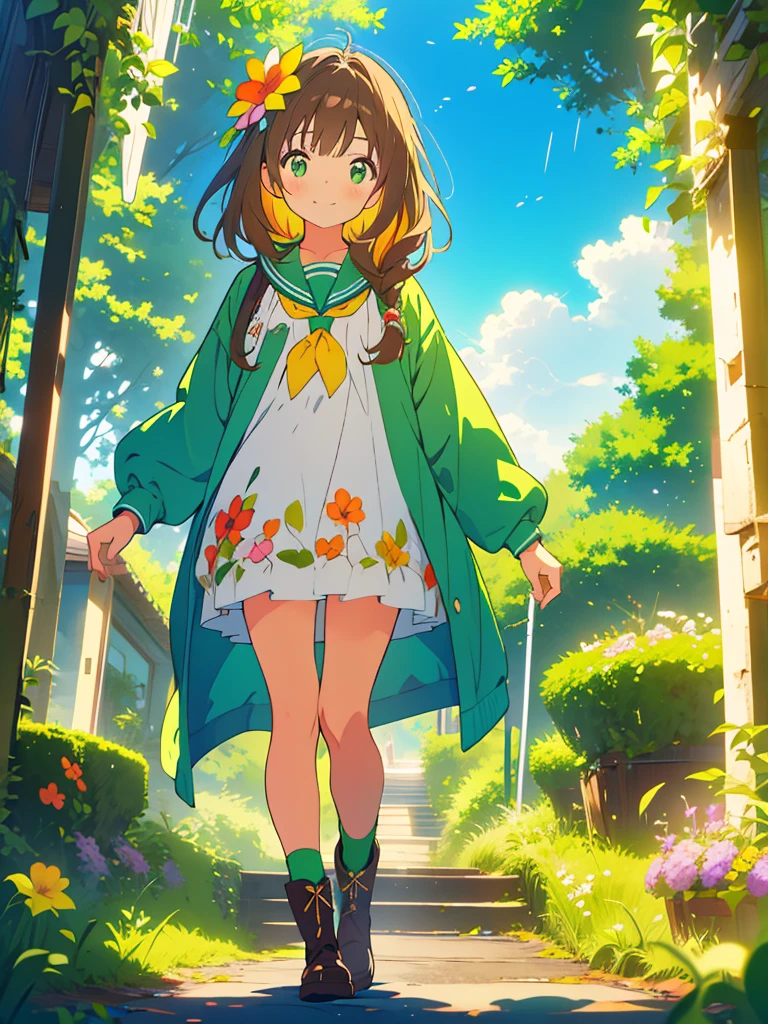 kawaii, anime, Cute, hyper quality, highly detailed, 16k, Front facing, Clarity, girl, brown long hair, green eyes, smile, girl, Elementary school student in a raincoat, Uplifting, private clothes, white kiwi flower, flower, a rainbow appears, bright blue sky, one piece, hands are peace sign, green, full green canvas, highlight on eyes, twist one's body, surrounded by greenery, lush plants, Clear skies, Long dark brown hair, look at the sky, There's a big rainbow, large amount of plants, All green, Vines, clear sky, ivy, look up at the sky, rainbow in the blue sky, whole body, boots, wet forest path,