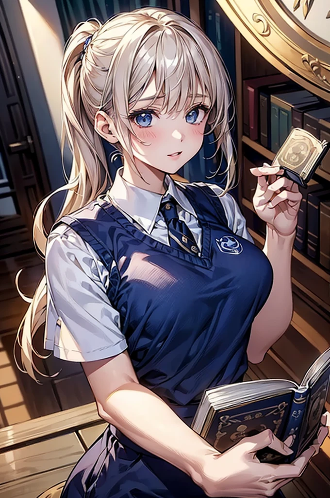 masterpiece、Highest quality、Very detailed、An illustration、Beautiful attention to detail、One Girl、cute、Detailed landscape、Bar Background、Platinum Blonde Hair、Braided Ponytail、((D cup breasts, Collared short-sleeved shirt:1.3, Navy blue slacks)), 