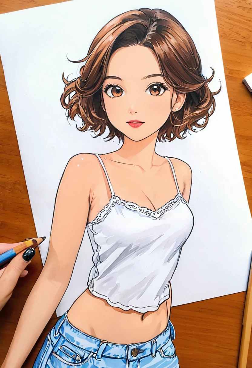 woman,Short camisole vest,White,Art,,Colored pencil sketch,sketch ,Comic Collage,illustration