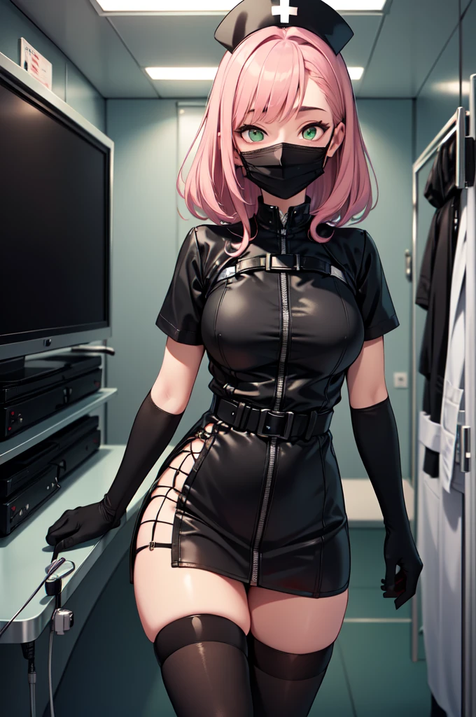 black nurse, 1woman, solo, black nurse cap, black nurse uniform, ((black legwear, zettai ryouiki)), black elbow gloves, pink hair, green eyes, drooping eyes, ((black surgical mask, covered nose)), standing, ((surgery room)), sharp outline, short sleeves, mature female, 32 years old, best quality, masterpiece