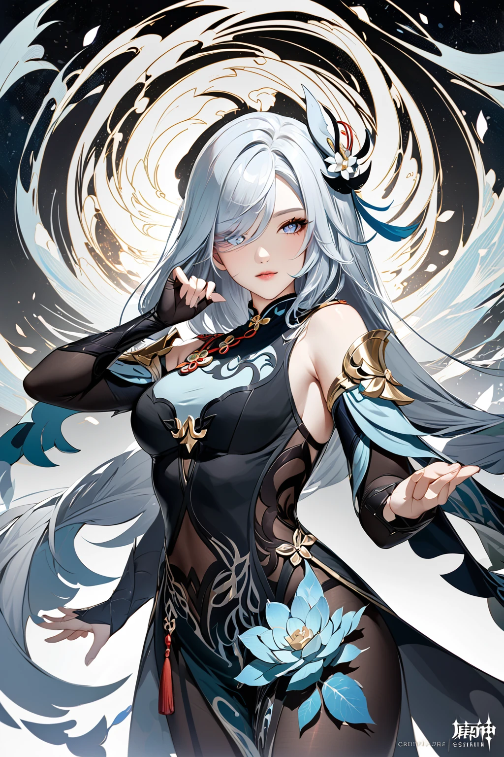 masterpiece,best quality,shenhe_(frostflower_dew)_(genshin_impact), shenhe_(genshin_impact), highres, black_dress, detached_sleeves, 1girl, official_alternate_costume, bare_shoulders, sleeveless_dress, hair_ornament, very_long_hair, white_hair, large_breasts,fractal art