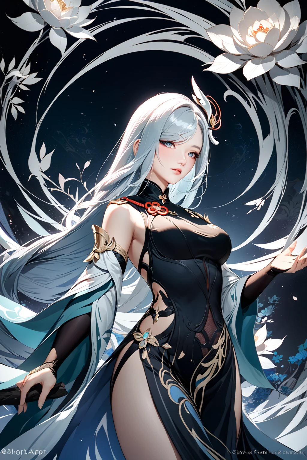 masterpiece,best quality,shenhe_(frostflower_dew)_(genshin_impact), shenhe_(genshin_impact), highres, black_dress, detached_sleeves, 1girl, official_alternate_costume, bare_shoulders, sleeveless_dress, hair_ornament, very_long_hair, white_hair, large_breasts,fractal art