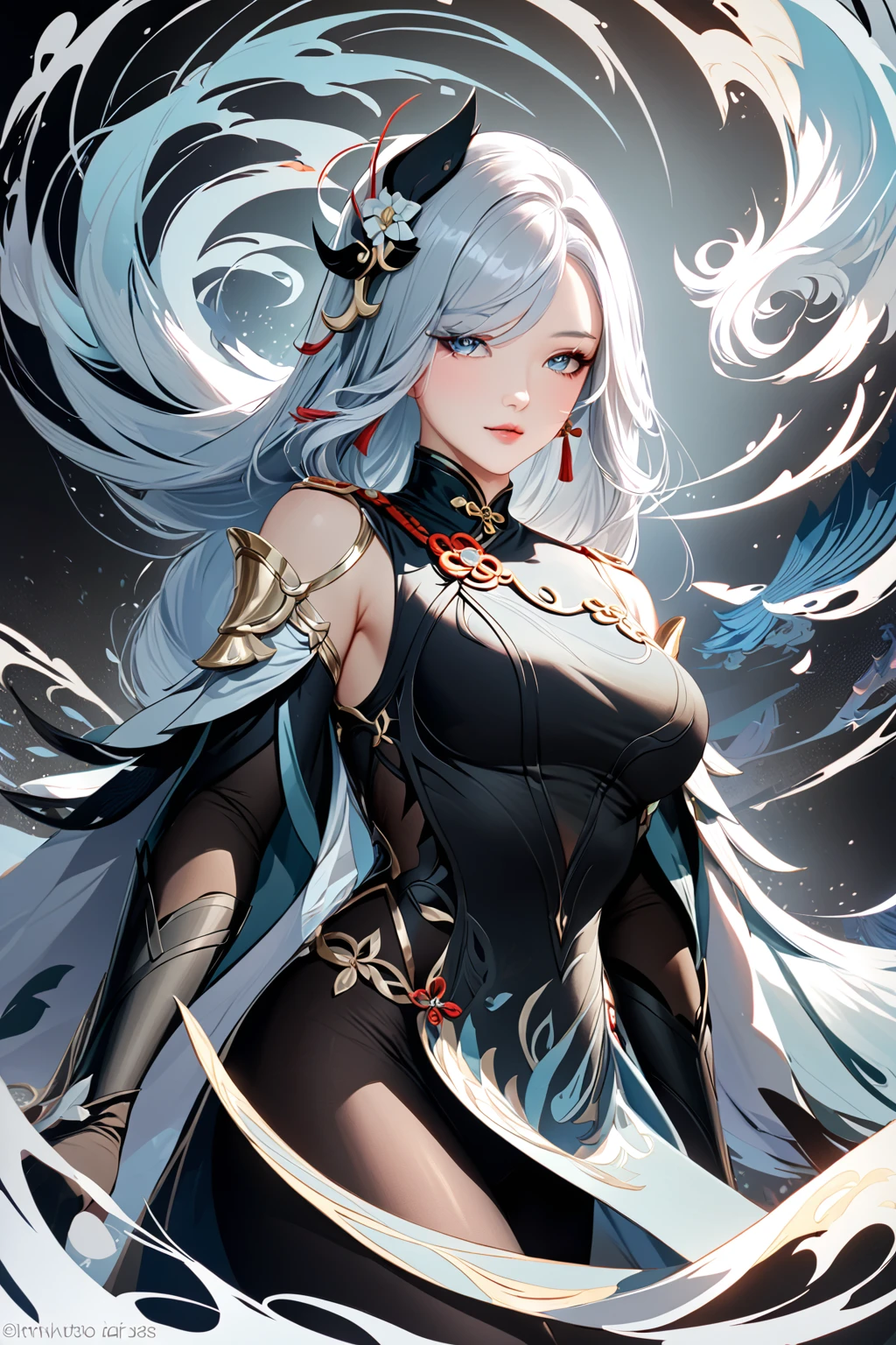 masterpiece,best quality,shenhe_(frostflower_dew)_(genshin_impact), shenhe_(genshin_impact), highres, black_dress, detached_sleeves, 1girl, official_alternate_costume, bare_shoulders, sleeveless_dress, hair_ornament, very_long_hair, white_hair, large_breasts,fractal art