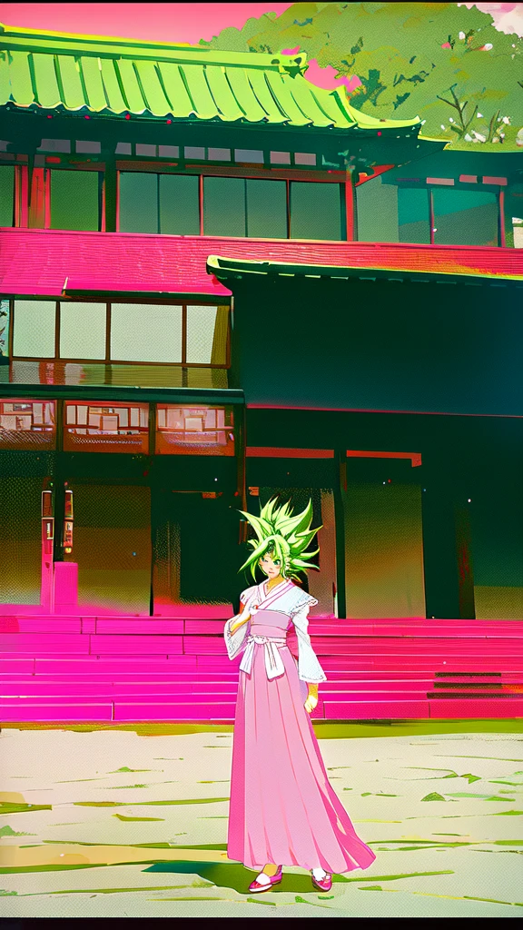 Kefla,wearing a white lace blouse and a pink skirt, standing in front of a traditional Japanese building with greenery in the background. The image has a delicate, feminine aesthetic and a relaxed, natural feel.