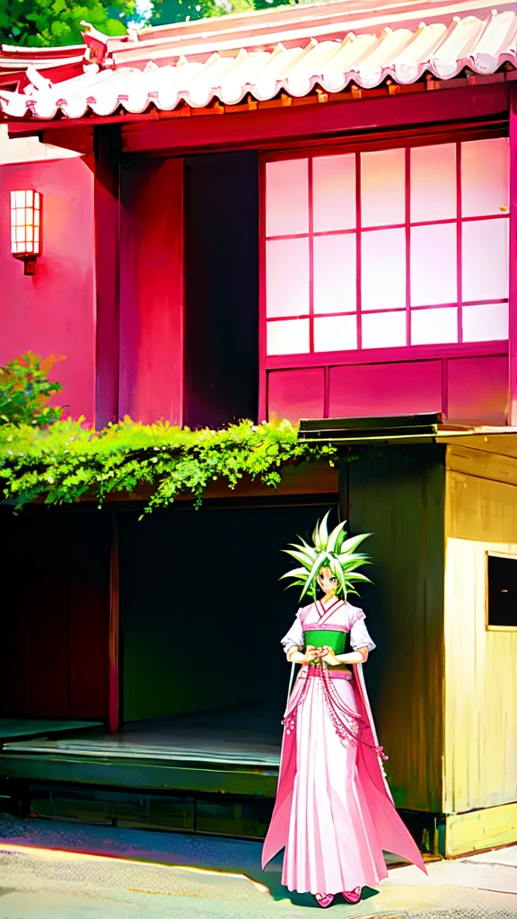 Kefla,wearing a white lace blouse and a pink skirt, standing in front of a traditional Japanese building with greenery in the background. The image has a delicate, feminine aesthetic and a relaxed, natural feel.