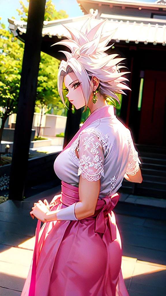 Kefla,wearing a white lace blouse and a pink skirt, standing in front of a traditional Japanese building with greenery in the background. The image has a delicate, feminine aesthetic and a relaxed, natural feel.