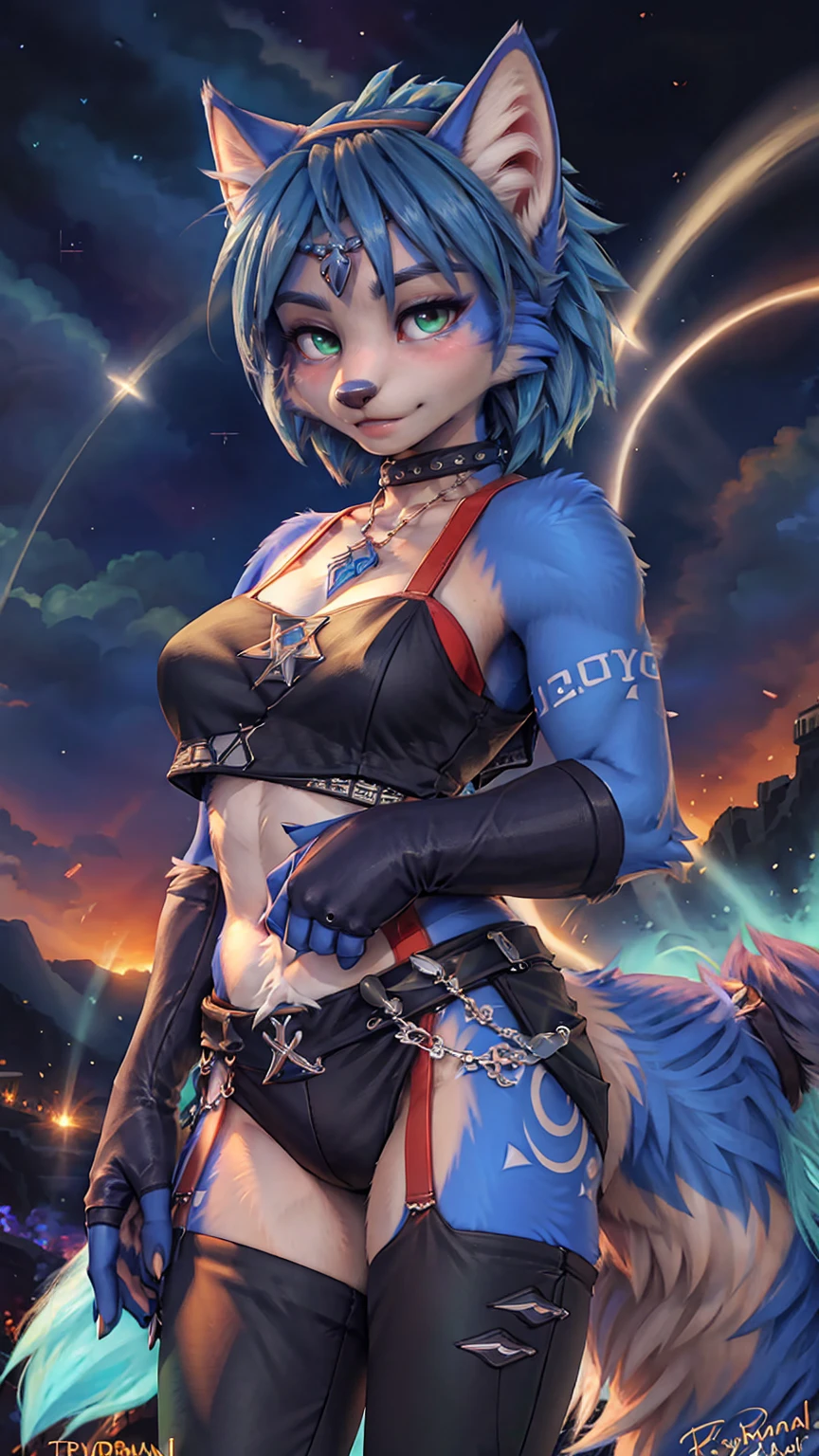 A beautiful and detailed (sweet picture) of ((Krystal)), Star Fox Krystal,  green eyes, medium breasts, (((Long blue hair 1.3))),  anthro, furry, (of Fluff-Kevlar, Bayard Wu, Personalami, Pino Daeni),  detailed fluffy fur, detailed face, (fluffy), 1 girl, alone, Haare bedecken ein Auge:1.4, großes glückliches Lächeln, giving you a thumbs hoch, 