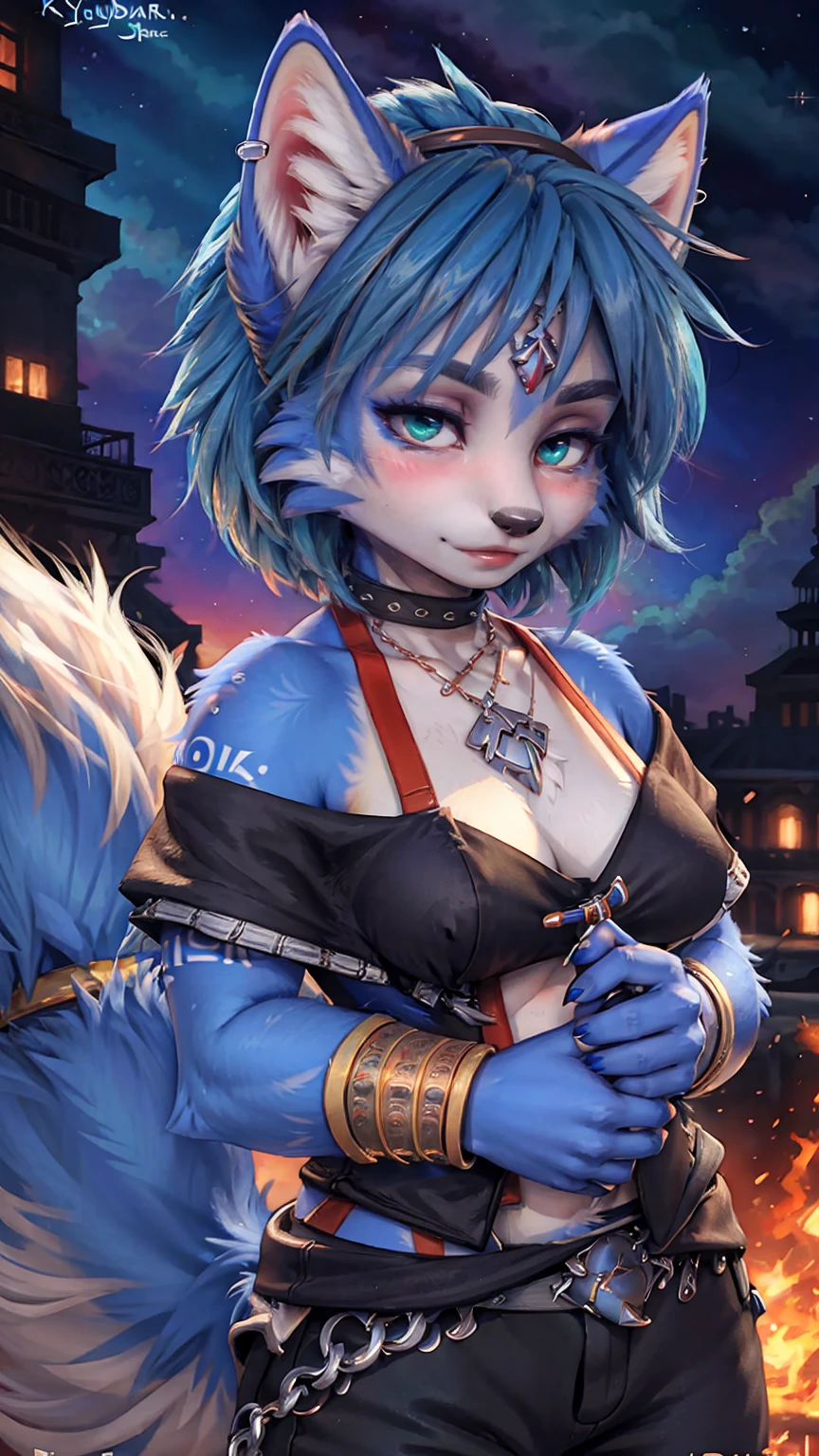 A beautiful and detailed (sweet picture) of ((Krystal)), Star Fox Krystal,  green eyes, medium , (((Long blue hair 1.3))),  anthro, furry, (of Fluff-Kevlar, Bayard Wu, Personalami, Pino Daeni),  detailed fluffy fur, detailed face, (fluffy), 1 girl, alone, Haare bedecken ein Auge:1.4, großes glückliches Lächeln, giving you a thumbs hoch, 
