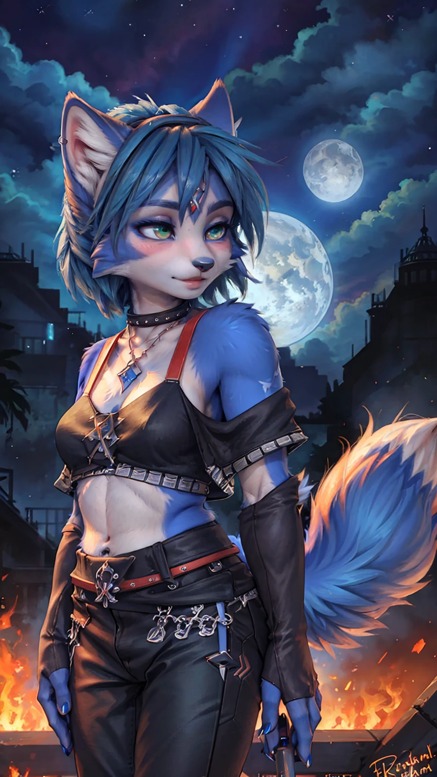 A beautiful and detailed (sweet picture) of ((Krystal)), Star Fox Krystal,  green eyes, medium breasts, (((Long blue hair 1.3))),  anthro, furry, (of Fluff-Kevlar, Bayard Wu, Personalami, Pino Daeni),  detailed fluffy fur, detailed face, (fluffy), 1 girl, alone, Haare bedecken ein Auge:1.4, großes glückliches Lächeln, giving you a thumbs hoch, 