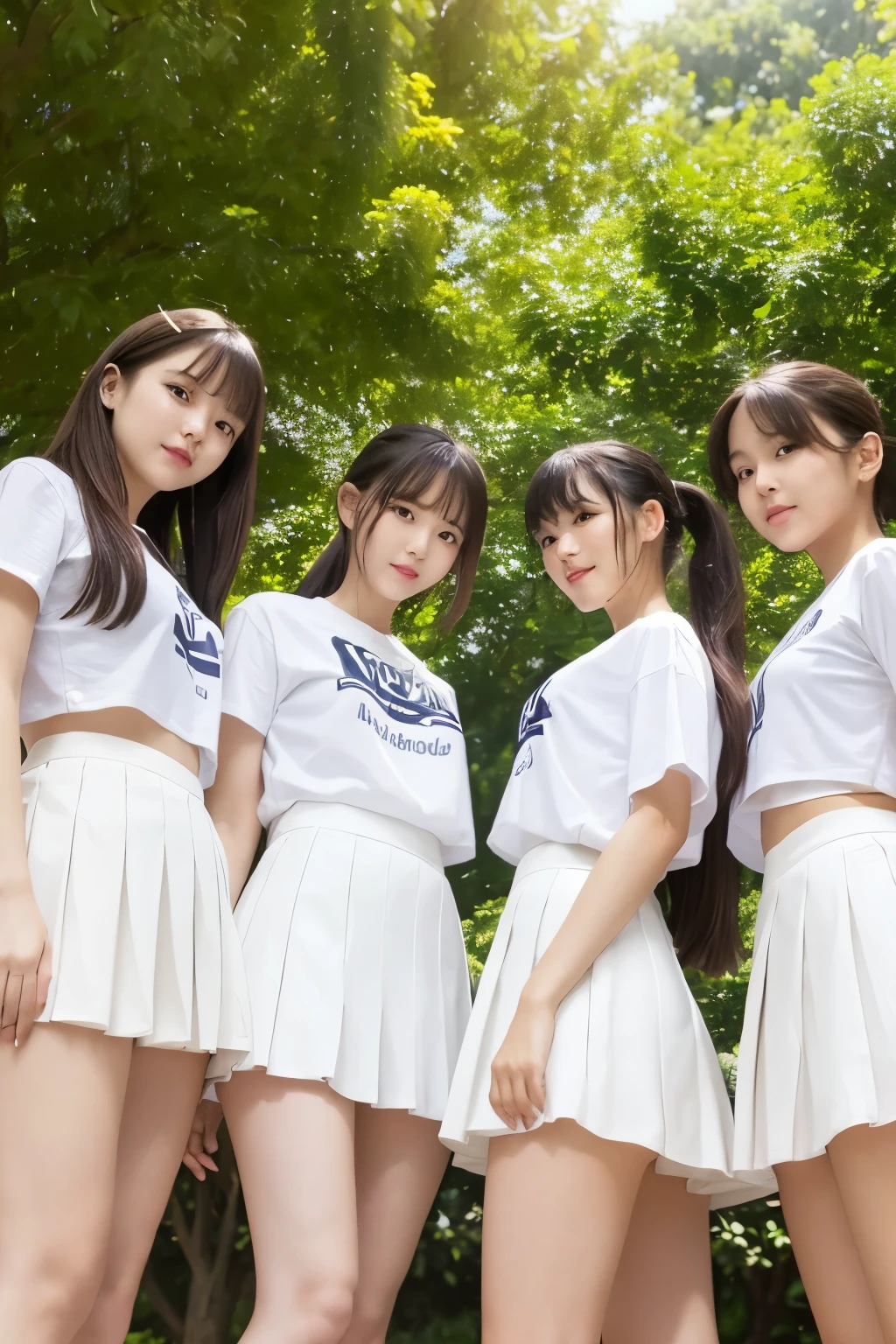 8k, real photo, five girls standing together, ((white:1.5)) t-shirt, pleated mini skirt, 14-year-old,bangs,a little smiles,thighs,knees,crotch,low ponytail,from below, low angle, exposing white panty, in a park, shiny sun shine, photo shooting