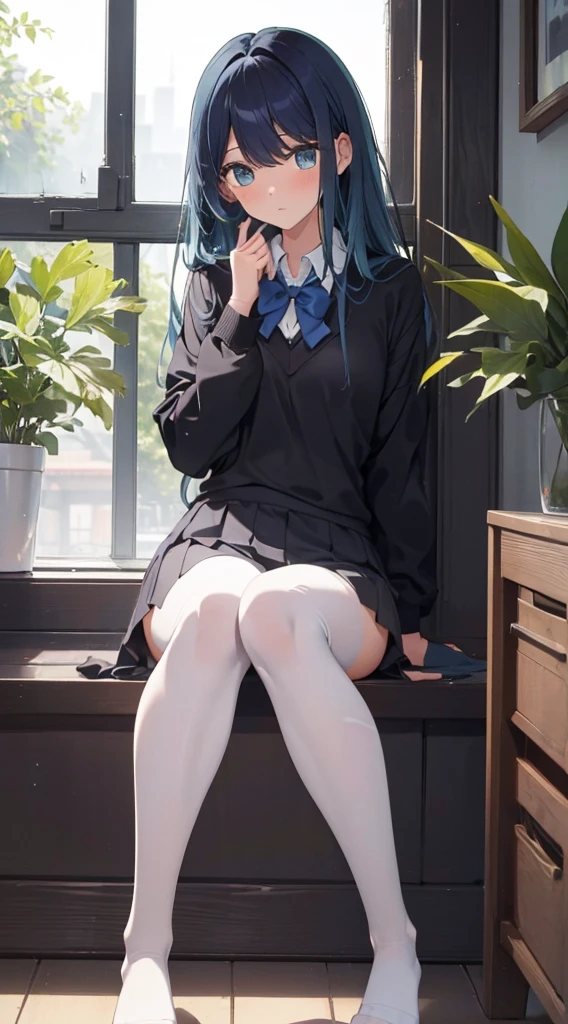 Top quality, masterpiece, High resolution, (Head to toe full body), front, frontやや下からの構図, Symmetric, Tall 18 year old girl, alone, (Head to toe), (Small breasts), bangs, (black tights), (Black Pantyhose), (Sit with your legs apart), (Crouching pose), (A composition showing white panties), (Her legs were spread、I see your white pants.), (I was made to sit on the floor with my legs spread..), (M-shaped legs), Thin legs, A very beautiful and tall 18 year old girl, (No shoes), blush, Shy big eyes, looking at the camera, Blazer Uniform, Checkered Pleated Skirt