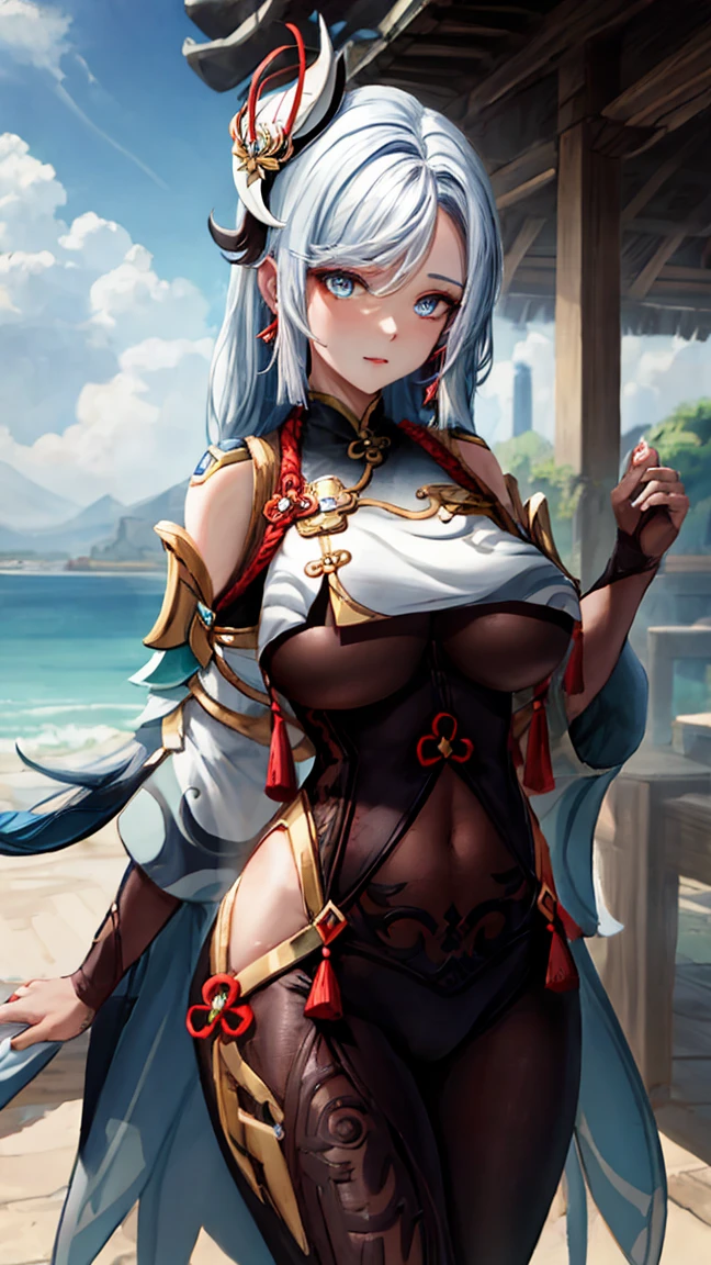 Masterpiece, high quality, shenhe \(genshin impact\), genshin impact, big breasts, busty, sexy, wide hips, white hair, blue eyes, hair ornament, breast curtains, bodystocking, hip vent, outdoor, 