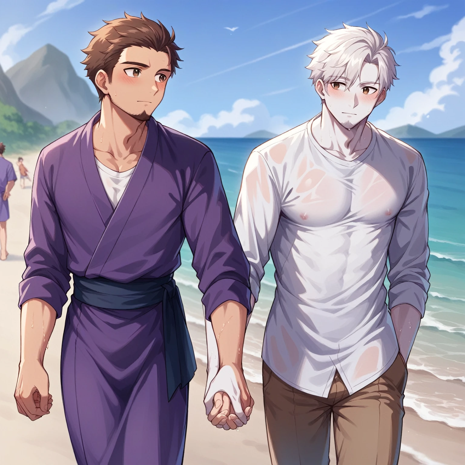 2men, {bg3gale, purple robe, brown hair, brown eyes, beard}, yaoi, score_9, score_8_up, score_7_up, score_6_up, source_anime, walking on the beach, holding hands, romantic, {bg3astarion, white hair, wet white shirt, white skin, clean shaven}