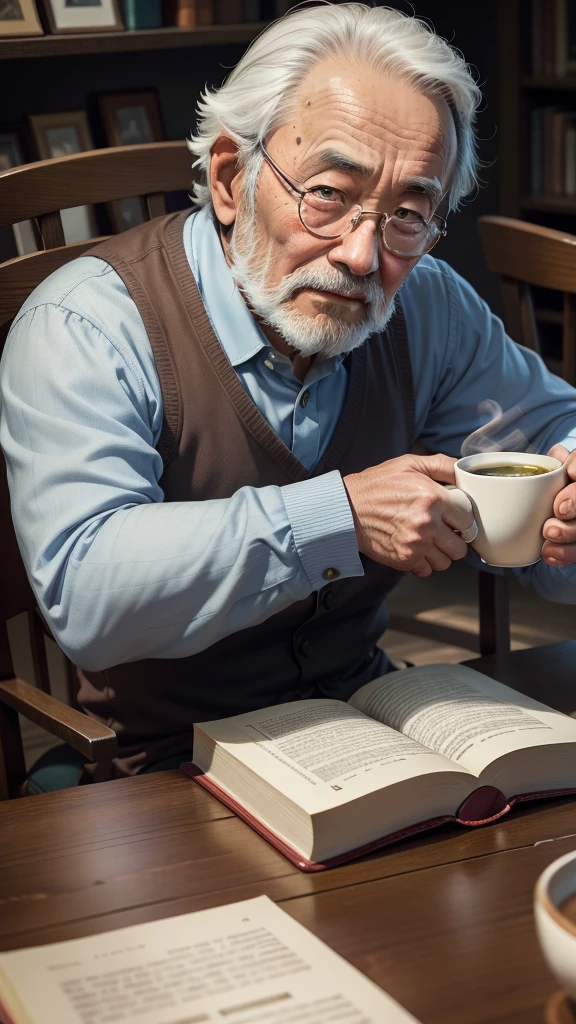 arafed man sitting at a table with a book and a cup of coffee, portrait shot, detailed portrait shot, book portrait, hayao miyazaki style, mid shot portrait, handsome man, miyazaki hayao, asian man, close up portrait shot, detailed portrait, portrait photo of an old man, photo portrait, christopher c. lee
