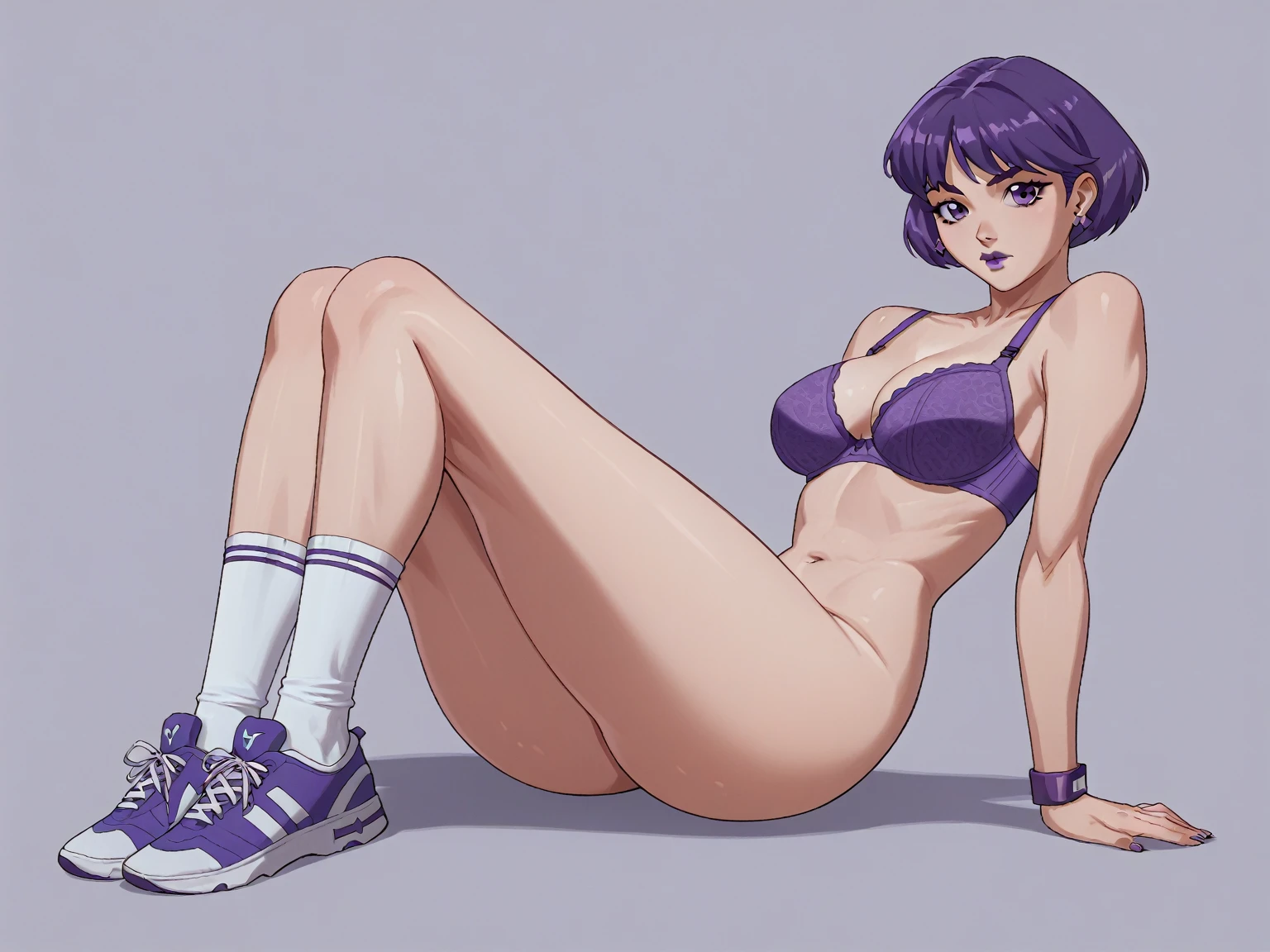 1girl, solo, purple hair, female, teenage, short hair, purple eyes, purple eyelids, purple eyebrows, large breast, bra size c+, panty shot, full body, purple lipstick, bra, purple bra, underwear, white socks, purple and white tennis shoes, purple bracelet, purple earrings, looking at viewer, cam, washington d.c.,