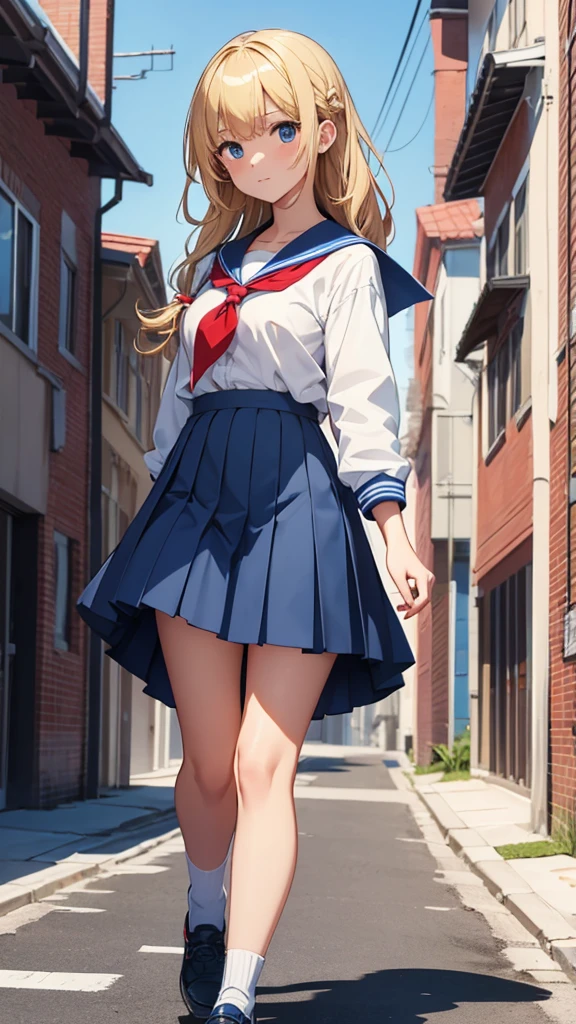 multiple girls, school, , blue sailor collar, blue skirt, red neckerchief, sky, building, blonde hair,, masterpiece, best quality, highly detailed