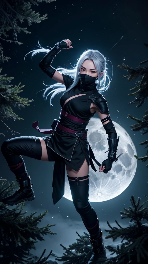 8K resolution, high image quality, high quality, real, female, ninja, kuichi, ice-cold eyes, ninja clothes, or have a shuriken in your hand, moonlit night, full moon, lurking in a pine tree branch, image from head to foot,