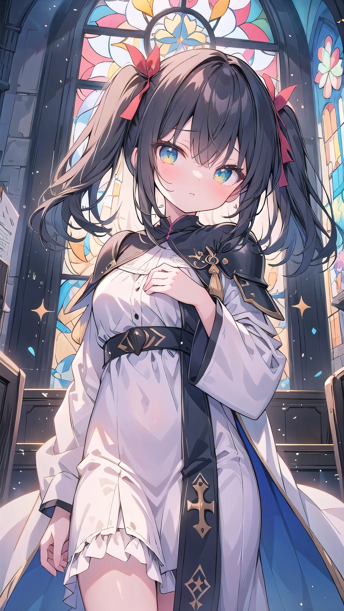 Black Hair Girl, A holy knight in a white robe, (Black and white robes and armor), Emerald Eyes, A church where light shines in, (Stained glass behind:0.9), hair two side up, depth of field, cinematic lighting, sparkle, f/2.8, 35mm, anime, anime style, UHD, high details, best quality, highres, textured skin, 4K