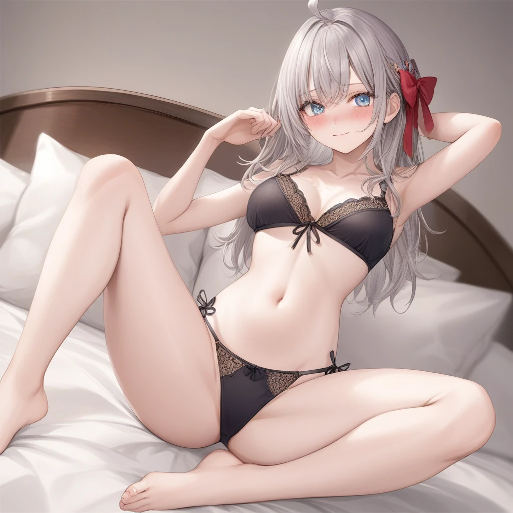 Absurdres, (masterpiece, best quality), (ultra-detailed), super high resolution, (Top Quality photorealistic Illustration), (Super Definition), (cute illustration:1.3), (high Saturation:1.2), detailed beautiful face and eyes, very detailed background, (an extremely delicate and beautiful), (nice hands, perfect hands), (appropriate posture), (appropriate configuration), ideal ratio body proportions, ((1girl)), solo, (lying on the bed, on back), (spread legs, knees up, showing crotch), (arms up), dynamic angle, (close-up panties:1.5), (from below:1.4), in the royal bedroom, luxury bed, pillow, rim light, sunlight, beautiful lighting, BREAK ((full-face blush)),cute girl, 18 years old, beautiful detailed blue eyes, (eyes highlight), (grey wavy long hair:1.2), hair between eyes, bangs, ahoge,medium breasts, underboob,(embarrassed), closed mouth, (full-face blush), (sweat, pussy juice), (wearing lace bra, lace side-tie panties:1.2), hair ornaments, (underboob), navel, barefoot, red bow,