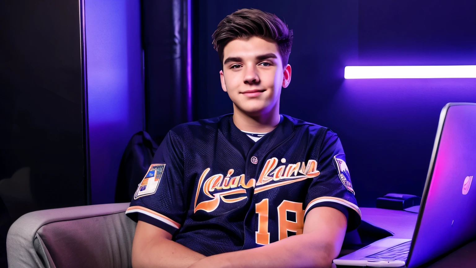 max , a virile  20 years old man in a baseball jersey, sitting in front of a laptop, featured on reddit, cynical realism, twitch streamer / gamer ludwig, portrait of max buffet , twitch streamer, mid shot portrait, streaming on twitch, unreal engin5, 8k , ultra high quality, neon lighting, portrait shot 8 k, 
