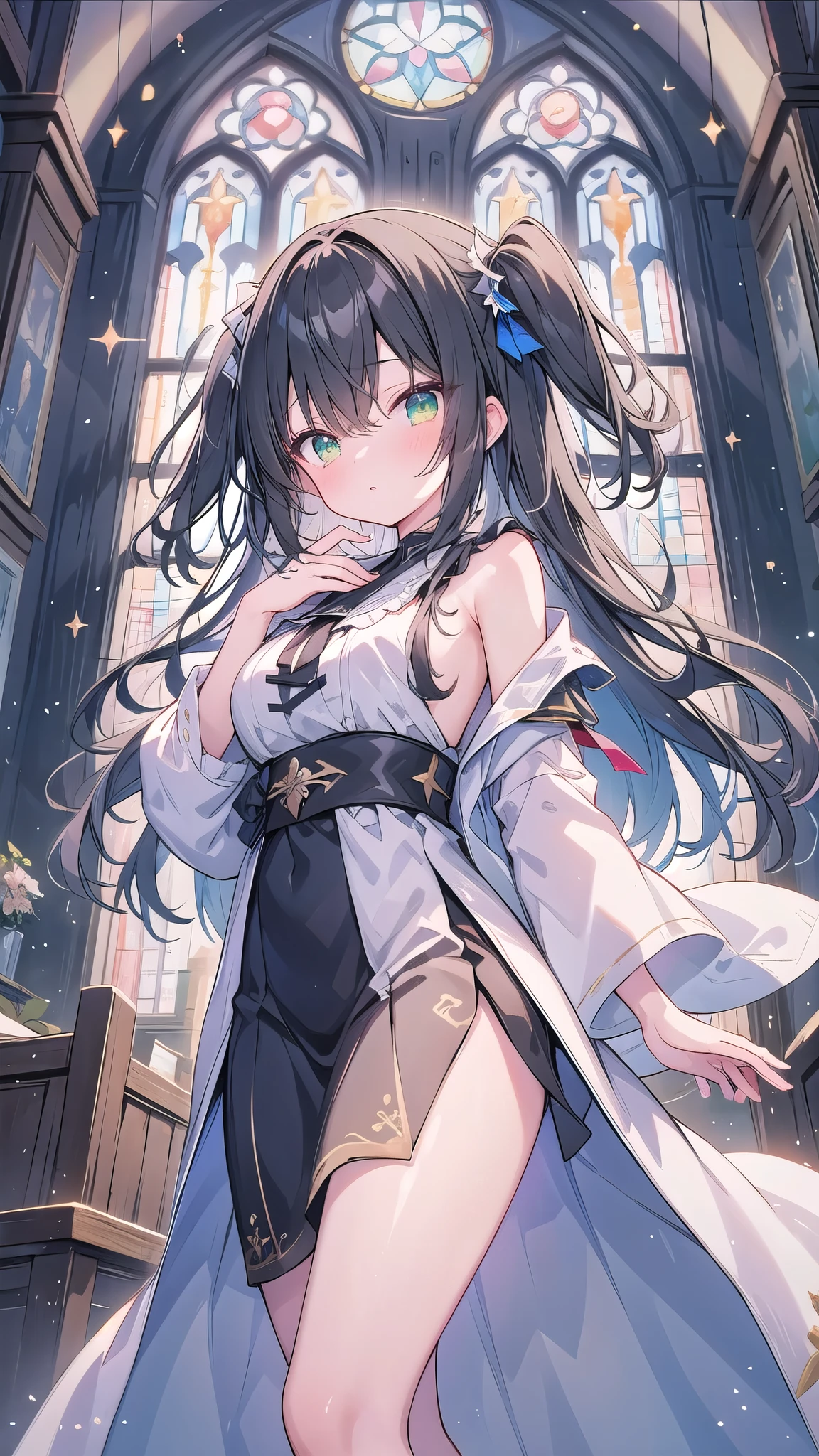 Black Hair Girl, A holy knight in a white robe, (Black and white robes and armor), Emerald Eyes, A church where light shines in, (Stained glass behind:0.9), hair two side up, depth of field, cinematic lighting, sparkle, f/2.8, 35mm, anime, anime style, UHD, high details, best quality, highres, textured skin, 4K